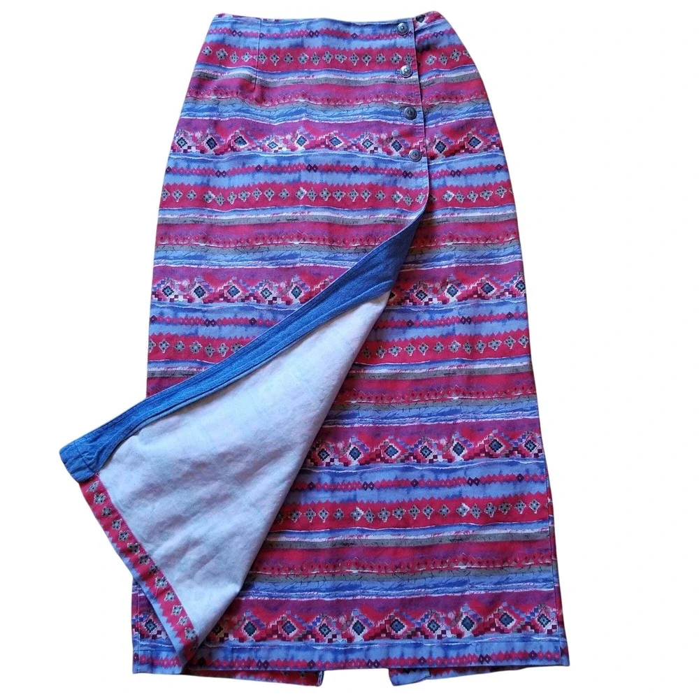 Coldwater Creek M Aztec Southwest Denim Wrap‎ Skirt Back Slit Maxi Western